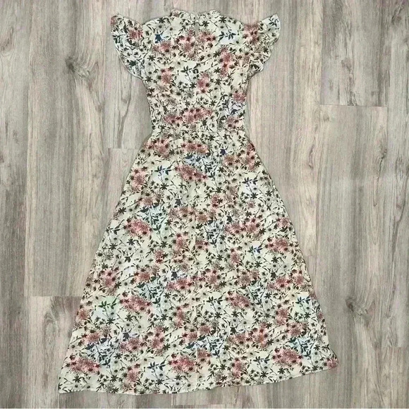 Sason White Floral Cap Short Sleeve Ruffle A-Line Flowy Boho Midi Dress Size S - Picture 9 of 10